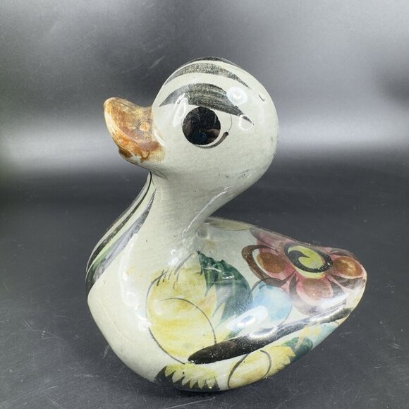 Vintage Mexico Pottery Tonala Hand Painted Duck Bird Figurine Marked Whimsical - Picture 9 of 13